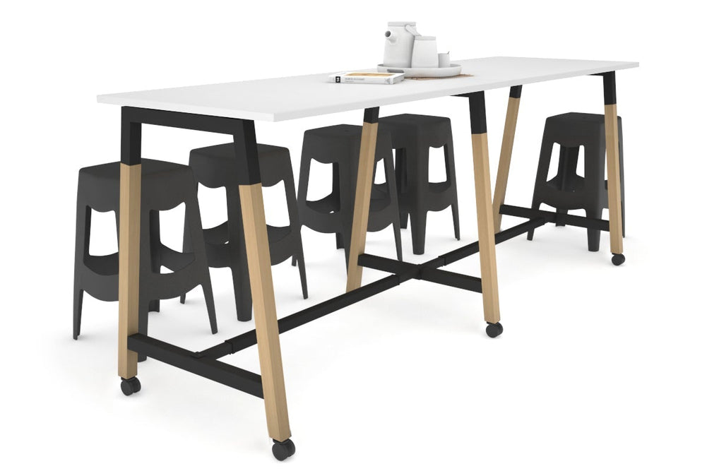 Quadro A Legs Large Counter Table - Wood Legs Cross Beam [2400L x 700W]-black leg white wheels