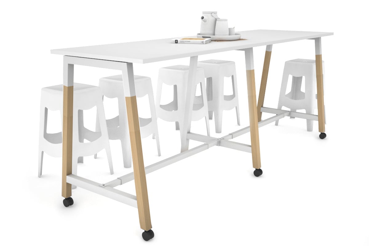 Quadro A Legs Large Counter Table - Wood Legs Cross Beam [2400L x 700W] Jasonl white leg white wheels
