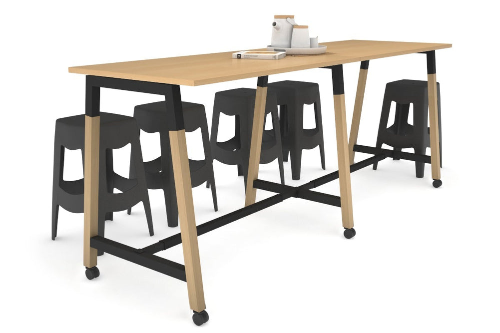 Quadro A Legs Large Counter Table - Wood Legs Cross Beam [2400L x 700W]-black leg maple wheels
