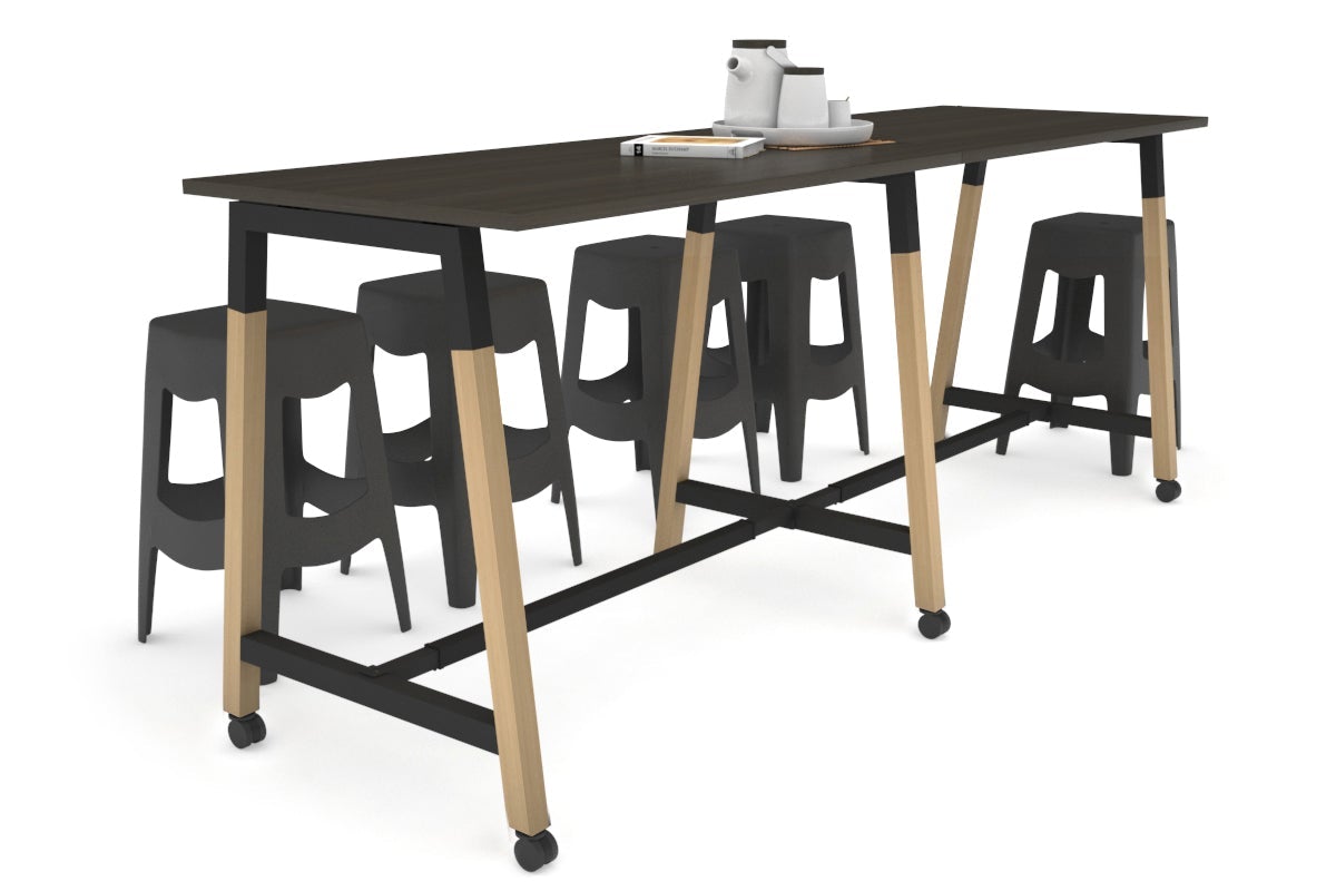 Quadro A Legs Large Counter Table - Wood Legs Cross Beam [2800L x 700W] Jasonl black leg dark oak wheels