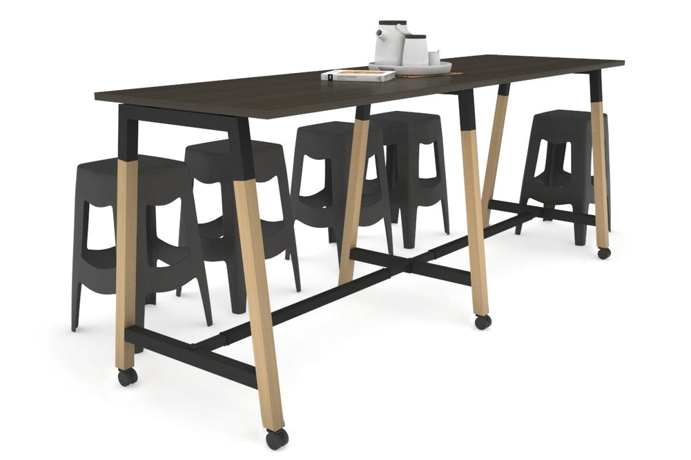 Quadro A Legs Large Counter Table - Wood Legs Cross Beam [2800L x 700W]-black leg dark oak wheels