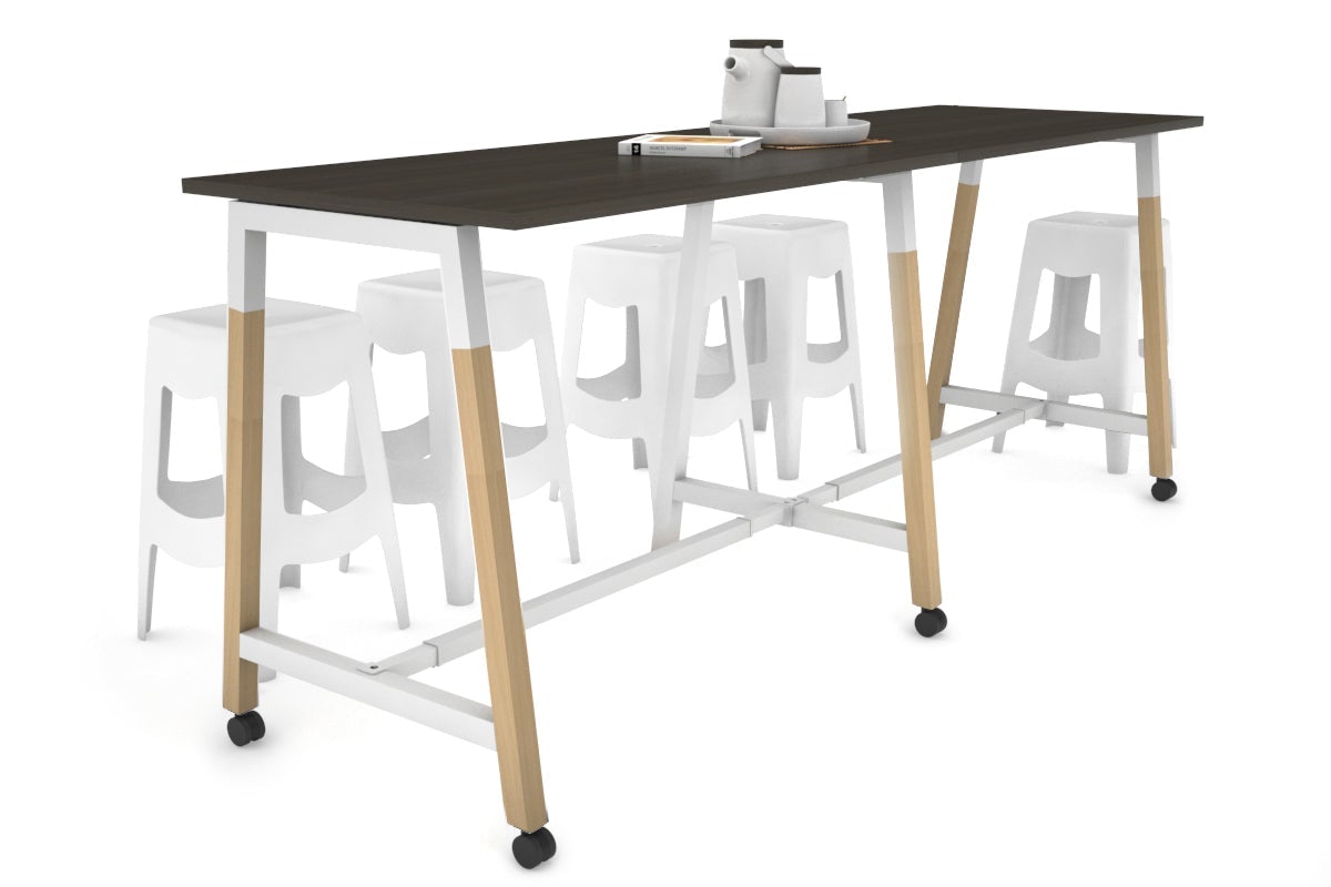 Quadro A Legs Large Counter Table - Wood Legs Cross Beam [2800L x 700W] Jasonl white leg dark oak wheels