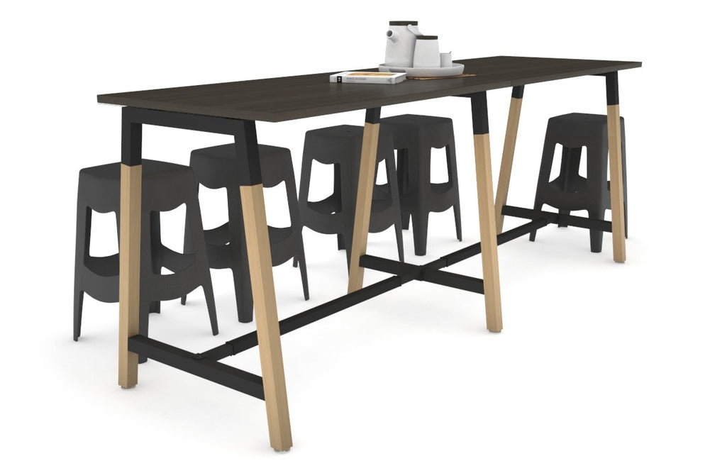 Quadro A Legs Large Counter Table - Wood Legs Cross Beam [2800L x 700W]-black leg dark oak none