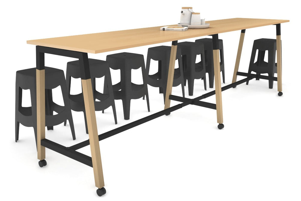 Quadro A Legs Large Counter Table - Wood Legs Cross Beam [3200L x 700W]-black leg maple wheels