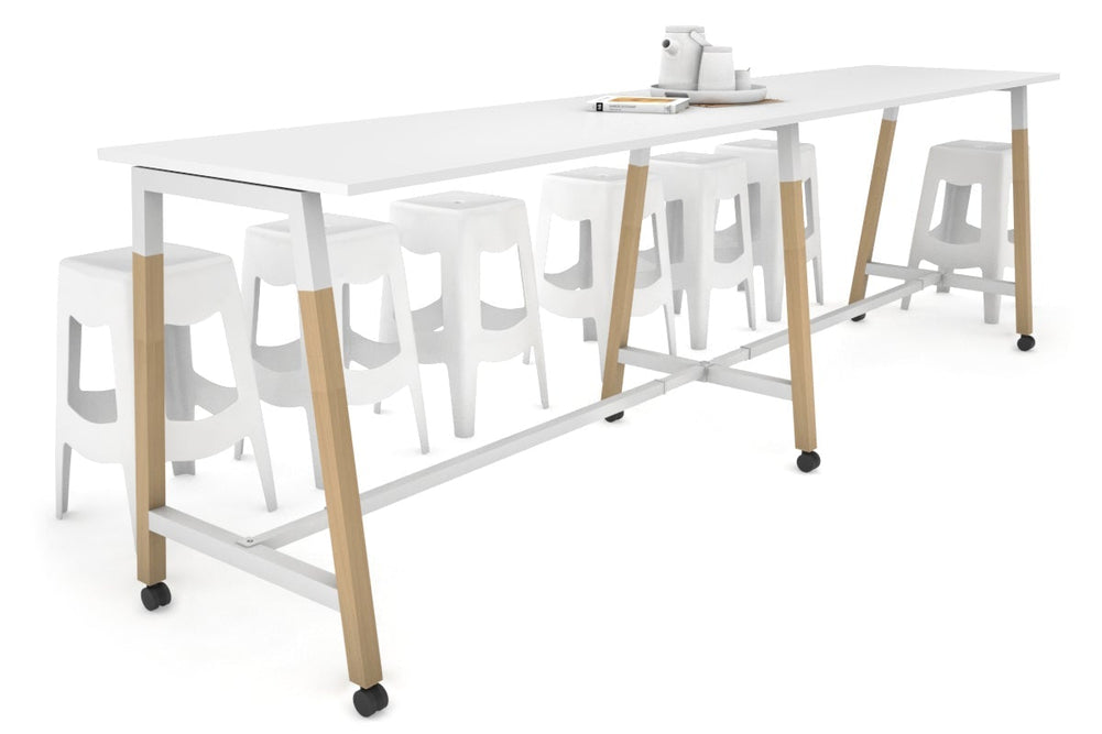 Quadro A Legs Large Counter Table - Wood Legs Cross Beam [3600L x 700W]-white leg white wheels