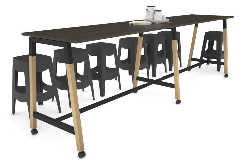 Quadro A Legs Large Counter Table - Wood Legs Cross Beam [3600L x 700W]-black leg dark oak wheels