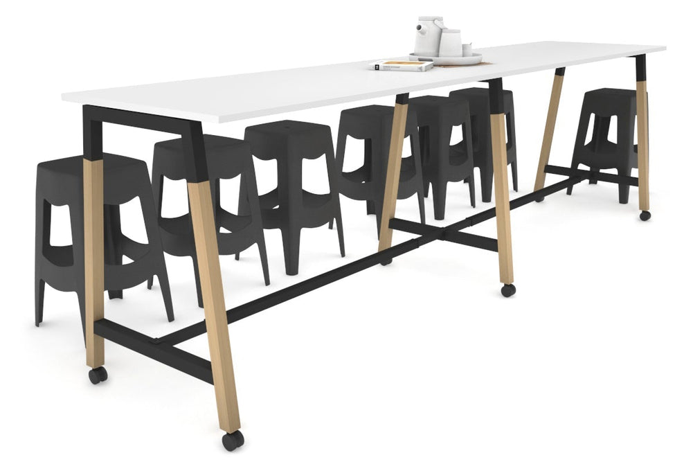 Quadro A Legs Large Counter Table - Wood Legs Cross Beam [3600L x 700W]-black leg white wheels