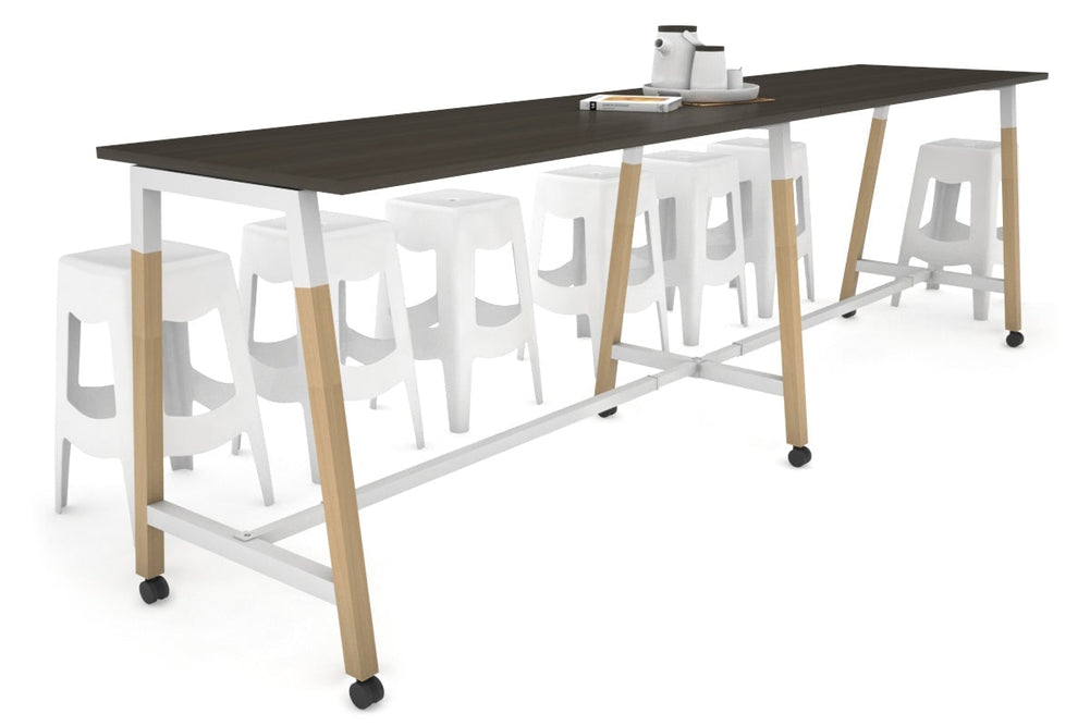 Quadro A Legs Large Counter Table - Wood Legs Cross Beam [3600L x 700W]-white leg dark oak wheels