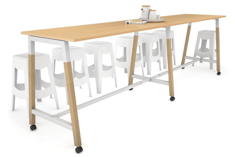 Quadro A Legs Large Counter Table - Wood Legs Cross Beam [3600L x 700W]-white leg maple wheels