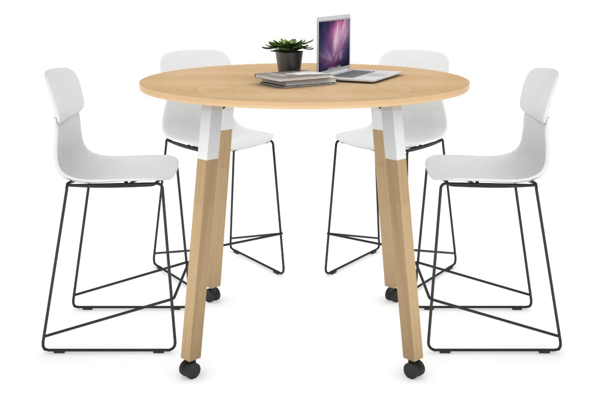Quadro Counter Wood Legs Round Table [1000 mm]-white bracket maple wheels
