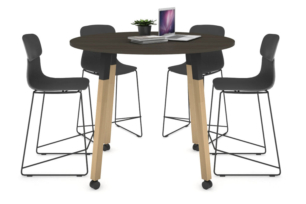 Quadro Counter Wood Legs Round Table [1000 mm]-black bracket dark oak wheels
