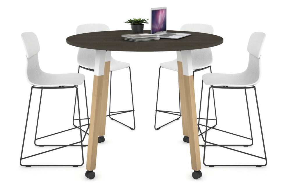Quadro Counter Wood Legs Round Table [1000 mm]-white bracket dark oak wheels