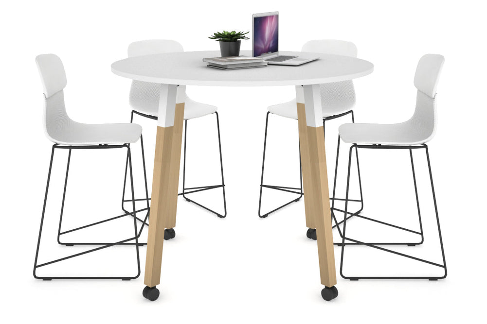 Quadro Counter Wood Legs Round Table [1000 mm]-white bracket white wheels