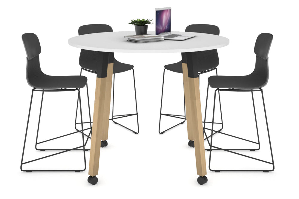 Quadro Counter Wood Legs Round Table [1000 mm]-black bracket white wheels