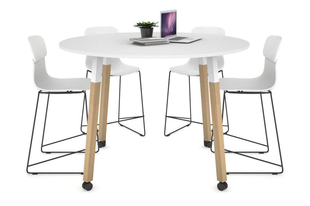 Quadro Counter Wood Legs Round Table [1200 mm]-white bracket white wheels