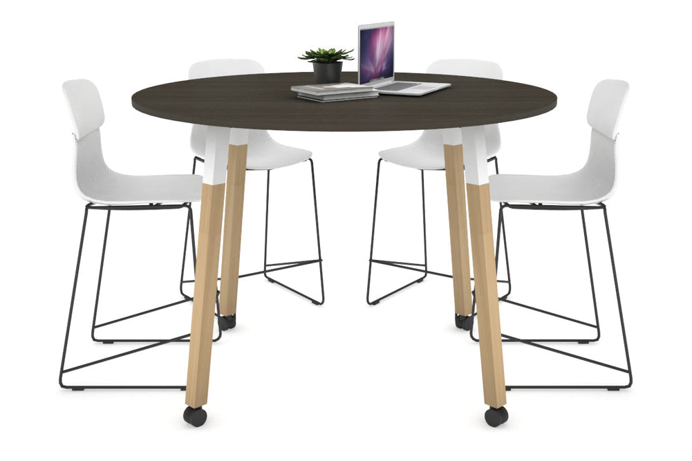 Quadro Counter Wood Legs Round Table [1200 mm]-white bracket dark oak wheels
