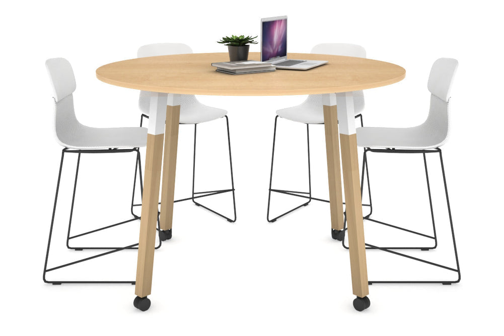 Quadro Counter Wood Legs Round Table [1200 mm]-white bracket maple wheels