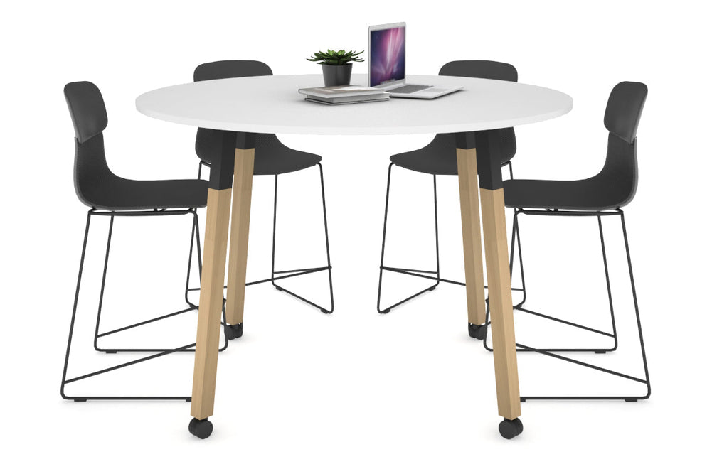 Quadro Counter Wood Legs Round Table [1200 mm]-black bracket white wheels