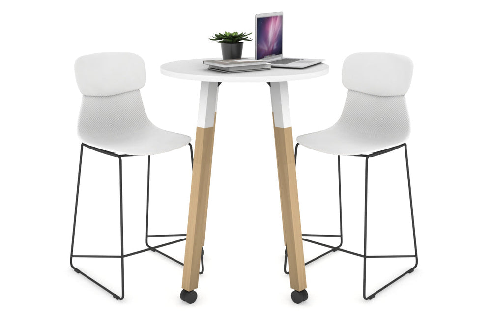 Quadro Counter Wood Legs Round Table [600 mm]-white bracket white wheels