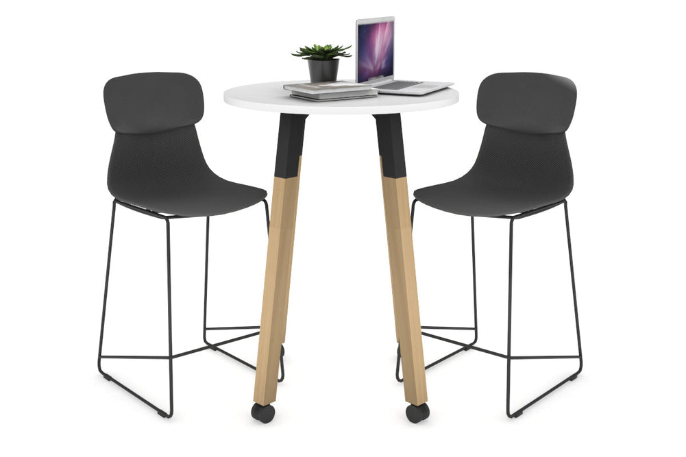 Quadro Counter Wood Legs Round Table [600 mm]-black bracket white wheels