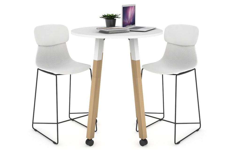 Quadro Counter Wood Legs Round Table [700 mm]-white bracket white wheels