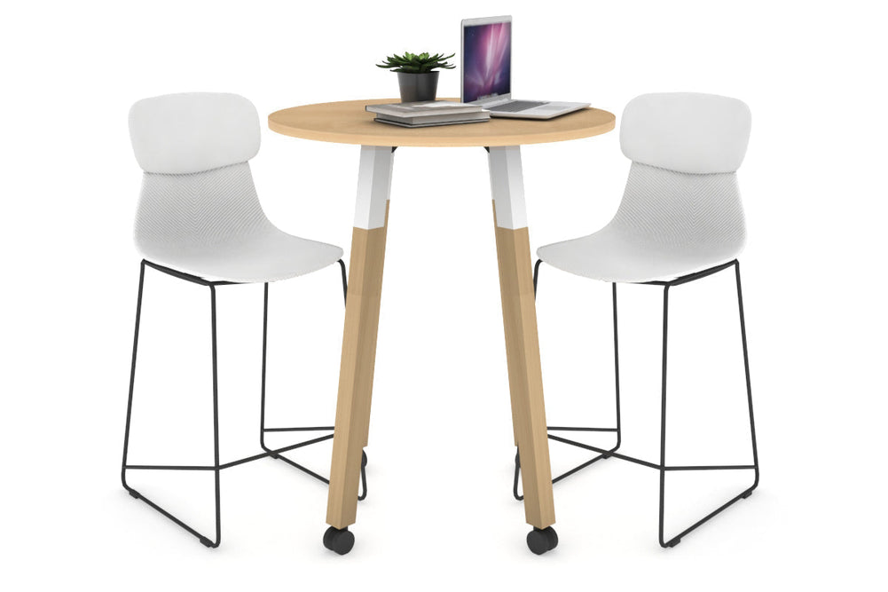 Quadro Counter Wood Legs Round Table [700 mm]-white bracket maple wheels
