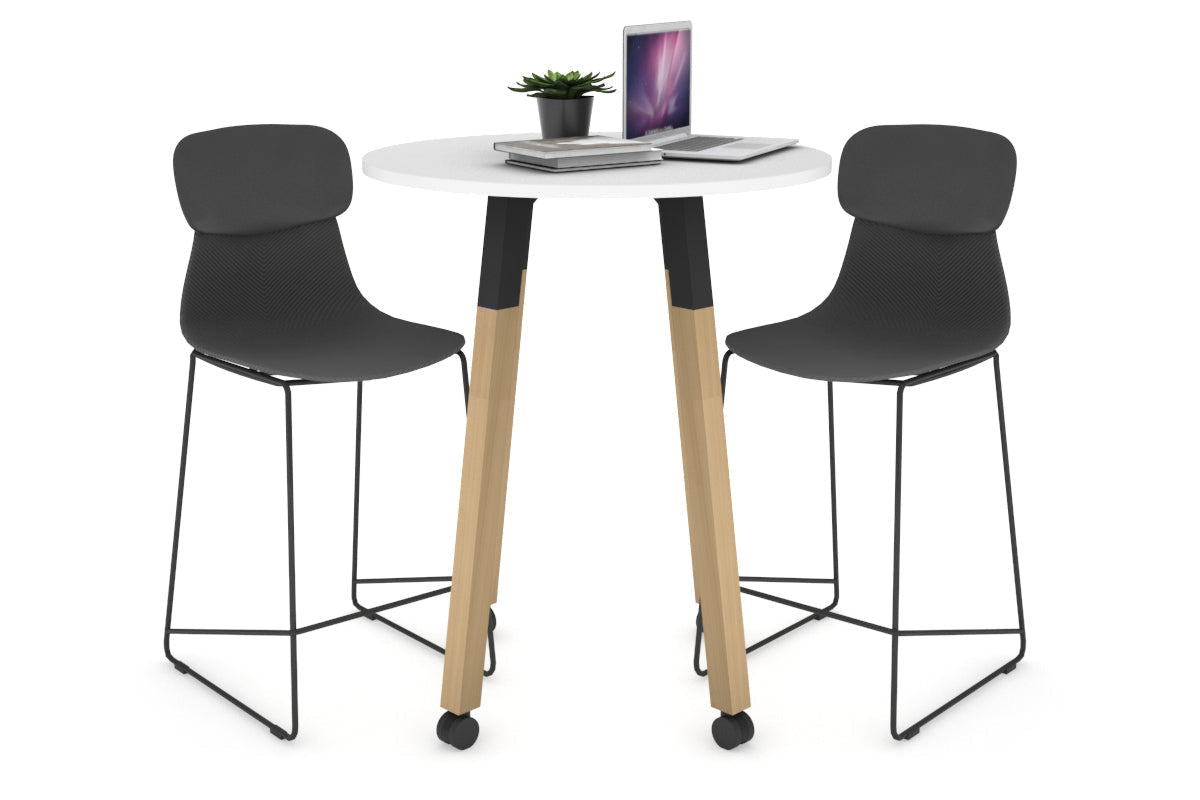Quadro Counter Wood Legs Round Table [700 mm]-black bracket white wheels