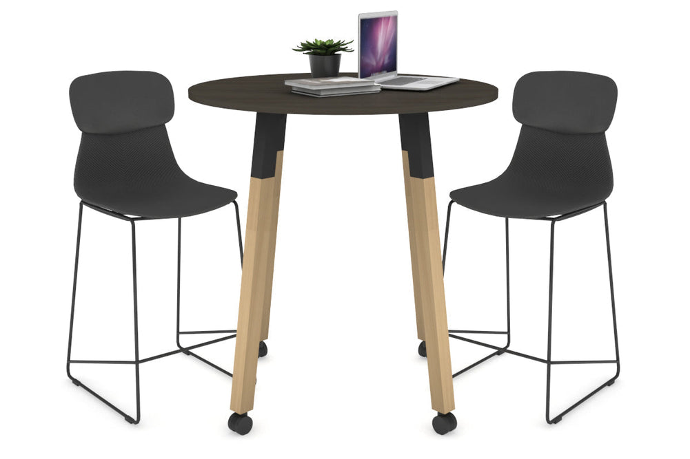 Quadro Counter Wood Legs Round Table [800 mm]-black bracket dark oak wheels
