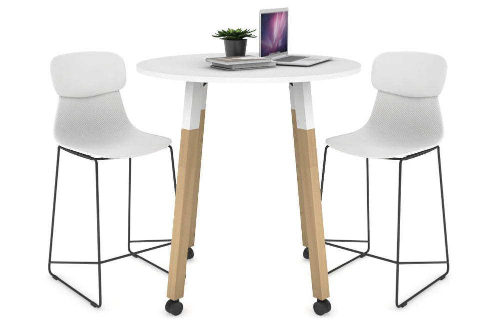 Quadro Counter Wood Legs Round Table [800 mm]-white bracket white wheels