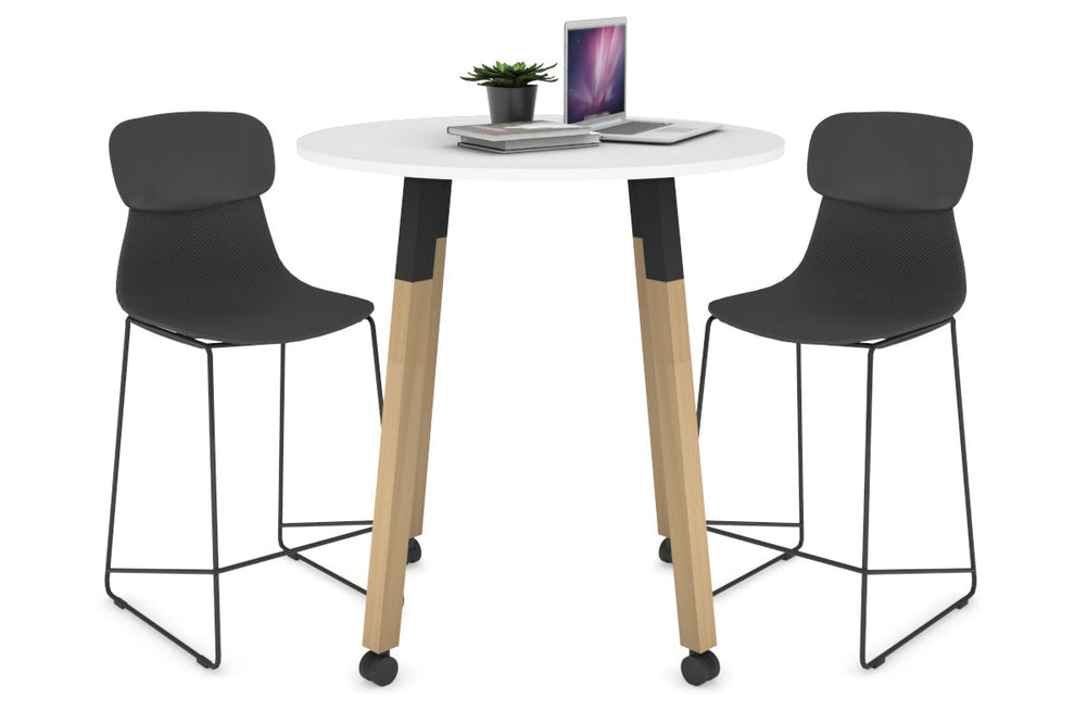 Quadro Counter Wood Legs Round Table [800 mm]-black bracket white wheels