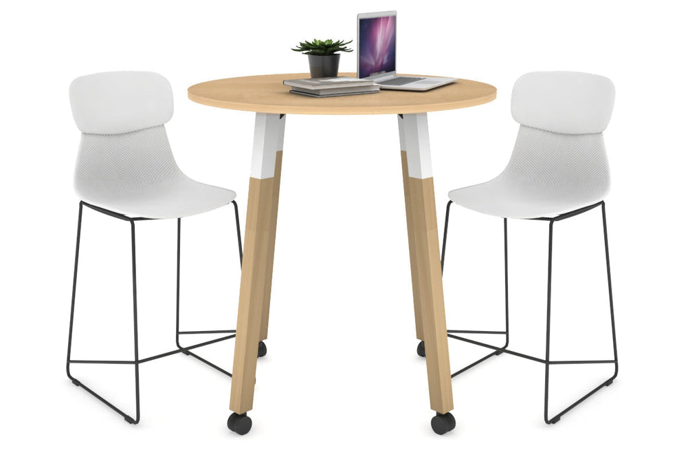 Quadro Counter Wood Legs Round Table [800 mm]-white bracket maple wheels