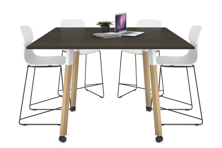 Quadro Counter Wood Single Leg Square Table [1200L x 1200W] Jasonl white bracket dark oak wheels