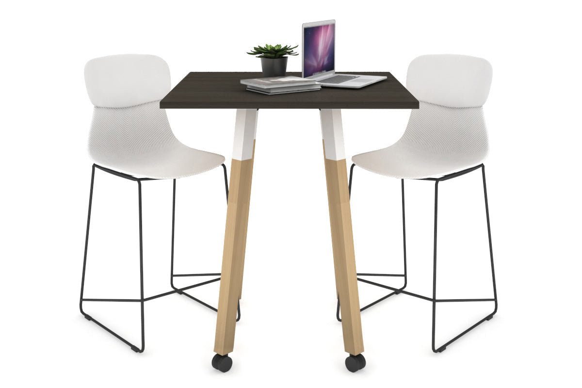 Quadro Counter Wood Single Leg Square Table [700L x 700W] Jasonl white bracket dark oak wheels