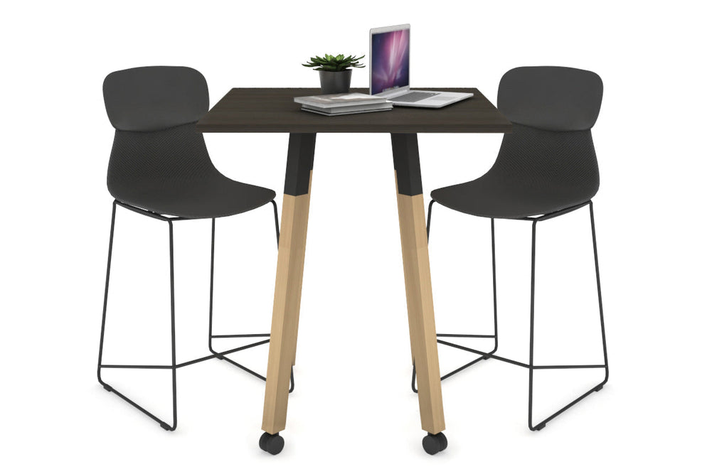 Quadro Counter Wood Legs Square Table [700L x 700W]-black bracket dark oak wheels