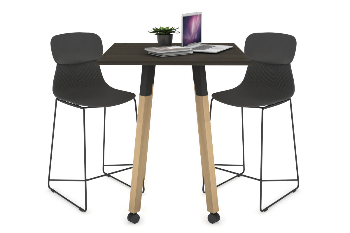 Quadro Counter Wood Single Leg Square Table [700L x 700W] Jasonl black bracket dark oak wheels