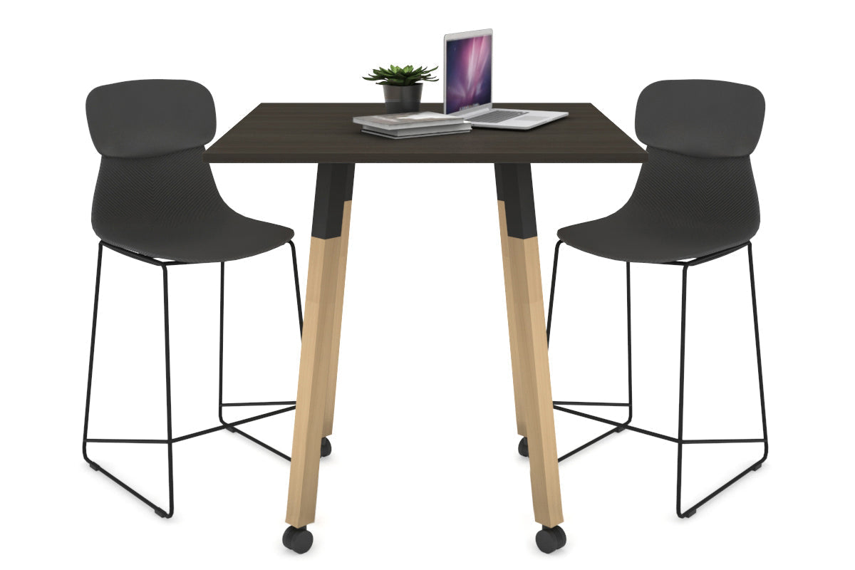 Quadro Counter Wood Single Leg Square Table [800L x 800W] Jasonl black bracket dark oak wheels