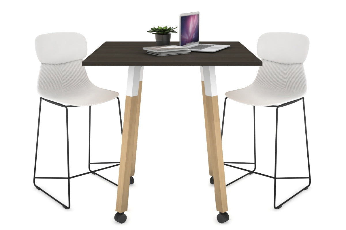 Quadro Counter Wood Single Leg Square Table [800L x 800W] Jasonl white bracket dark oak wheels