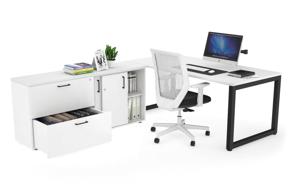 Quadro Loop Executive Setting - Black Frame [1600L x 700W]-white none 2 drawer lateral sliding door credenza