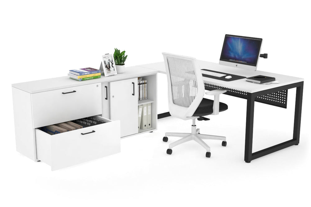 Quadro Loop Executive Setting - Black Frame [1600L x 700W]-white black modesty 2 drawer lateral sliding door credenza