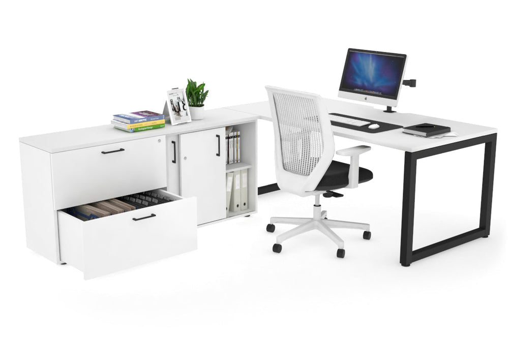 Quadro Loop Executive Setting - Black Frame [1600L x 800W with Cable Scallop]-white none 2 drawer lateral sliding door credenza