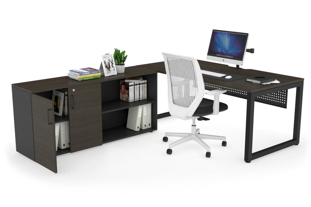 Quadro Loop Executive Setting - Black Frame [1600L x 800W with Cable Scallop]-dark oak black modesty 2 door open storage cabinet