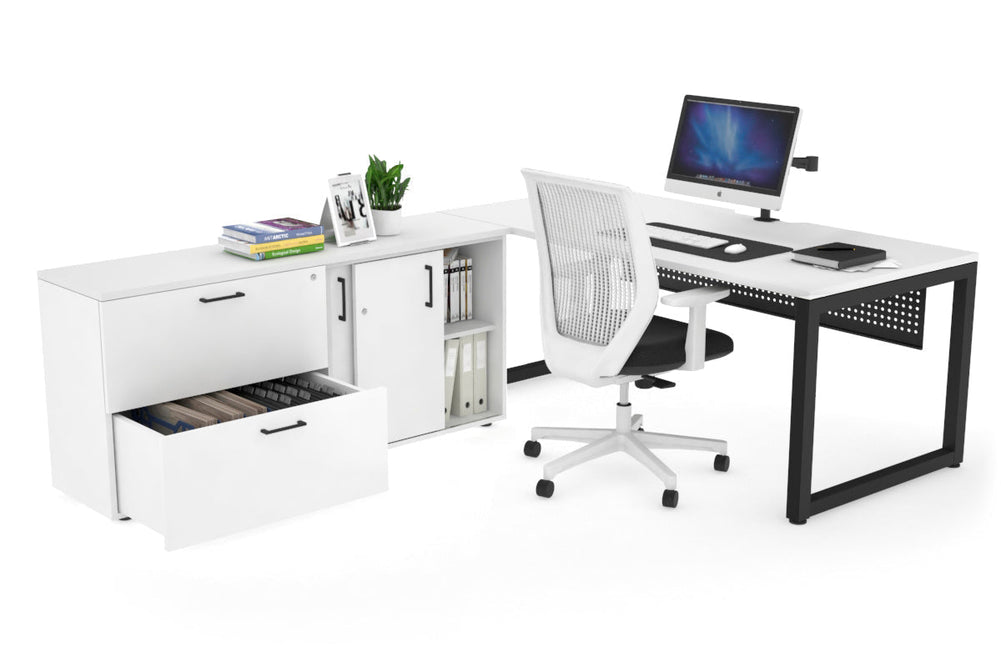 Quadro Loop Executive Setting - Black Frame [1600L x 800W with Cable Scallop]-white black modesty 2 drawer lateral sliding door credenza