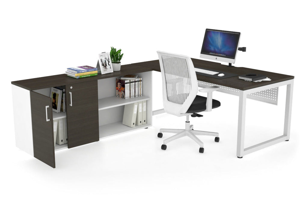 Quadro Loop Executive Setting - White Frame [1800L x 800W with Cable Scallop]-dark oak white modesty 2 door open storage cabinet