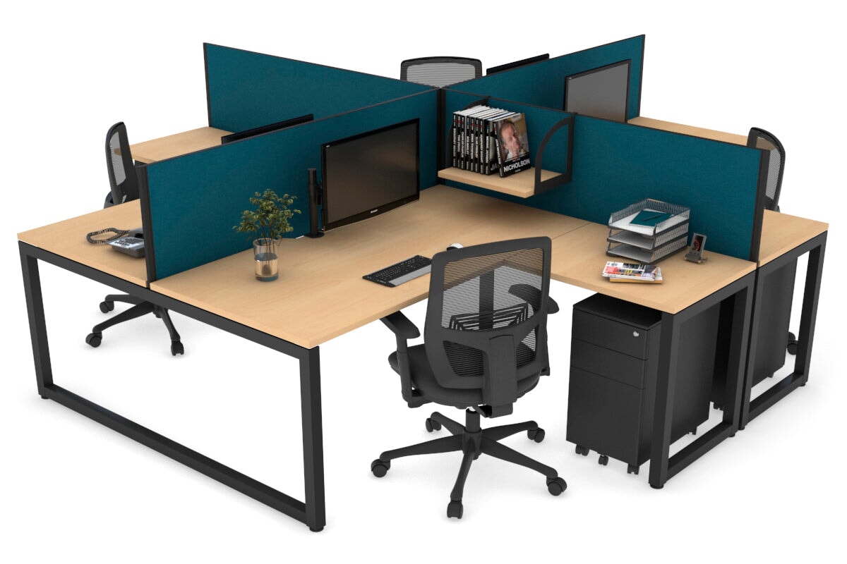 Quadro Loop Leg 4 Person Corner Workstations [1400L x 1800W with Cable Scallop] Jasonl black leg maple deep blue