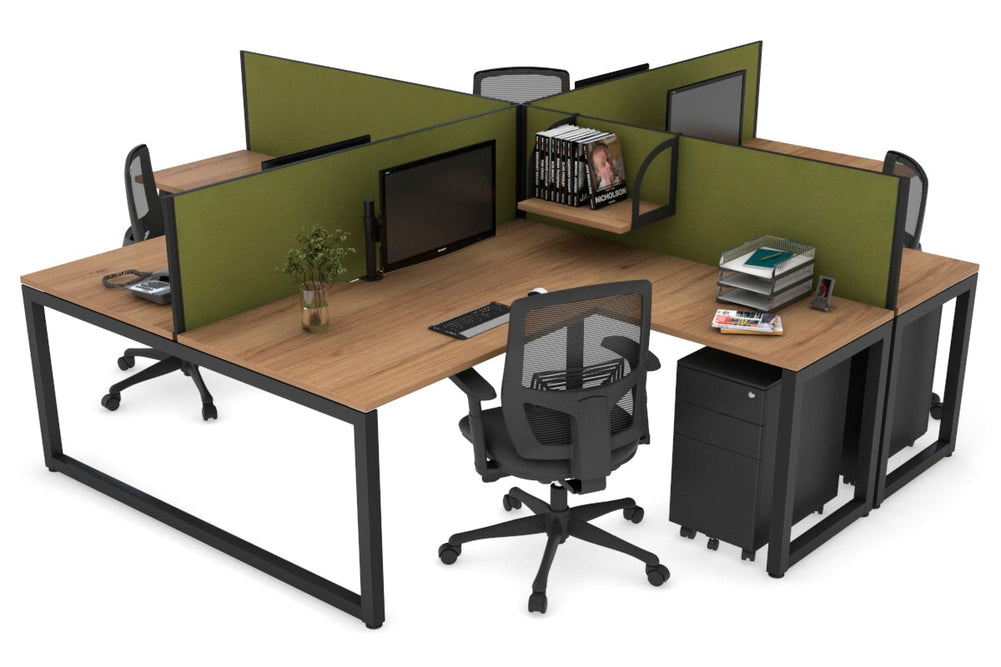 Quadro Loop Legs 4 Person Corner Workstation [1400L x 1800W with Cable Scallop]-black leg salvage oak green moss