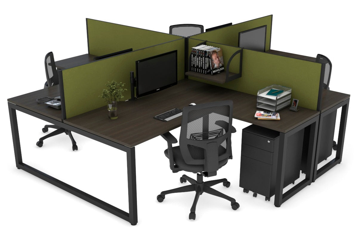 Quadro Loop Leg 4 Person Corner Workstations [1400L x 1800W with Cable Scallop] Jasonl black leg dark oak green moss