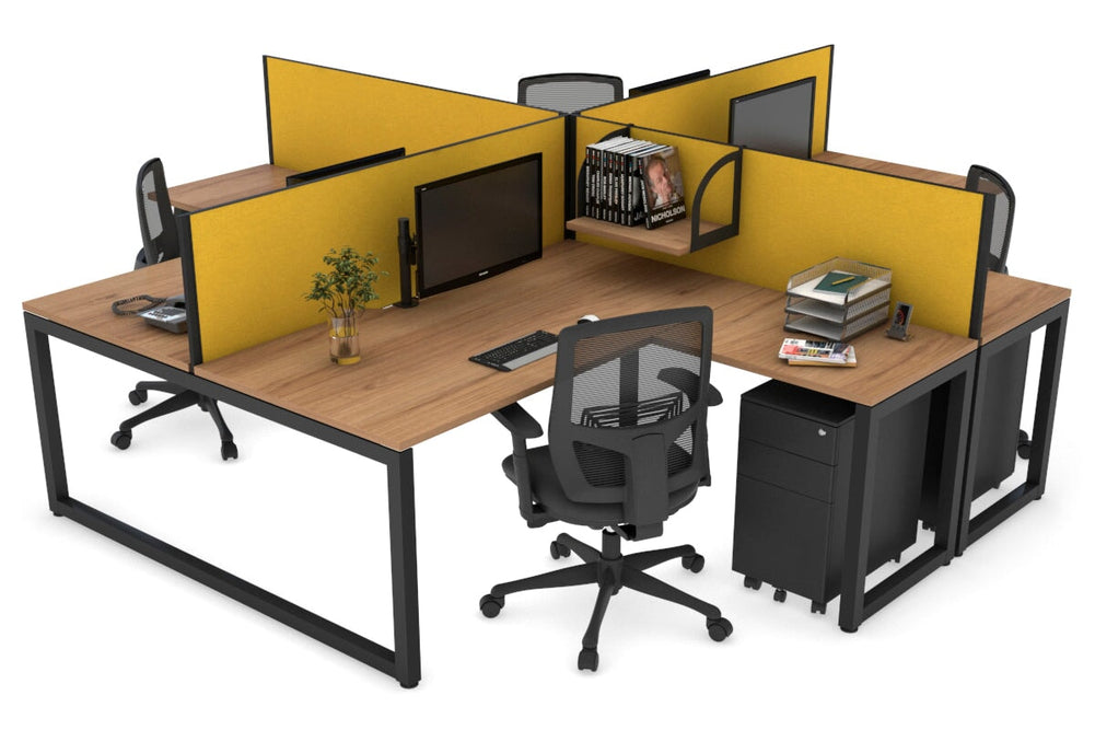 Quadro Loop Legs 4 Person Corner Workstation [1400L x 1800W with Cable Scallop]-black leg salvage oak mustard yellow