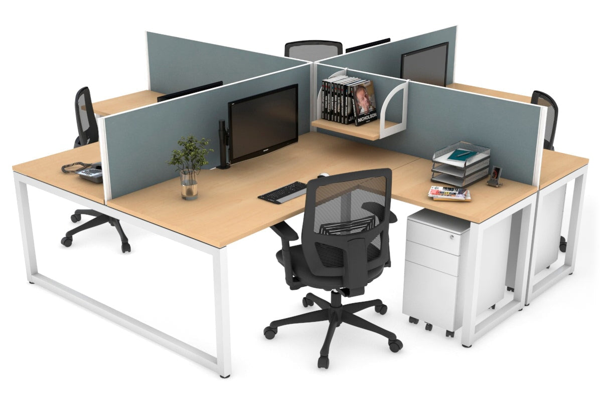 Quadro Loop Leg 4 Person Corner Workstations [1400L x 1800W with Cable Scallop] Jasonl white leg maple cool grey