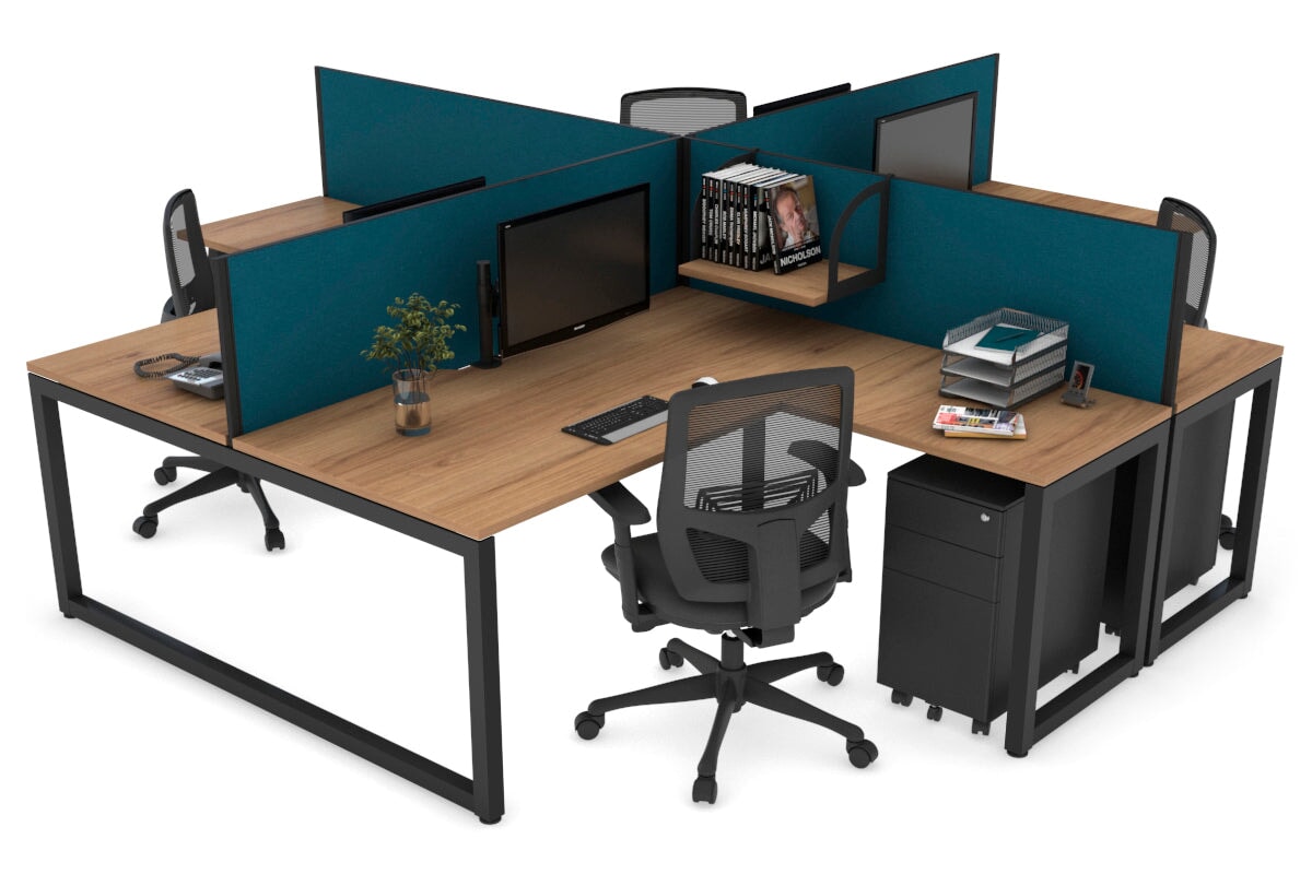 Quadro Loop Leg 4 Person Corner Workstations [1400L x 1800W with Cable Scallop] Jasonl black leg salvage oak deep blue