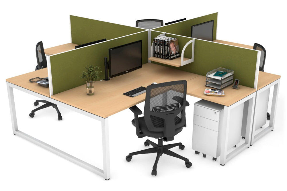 Quadro Loop Legs 4 Person Corner Workstation [1400L x 1800W with Cable Scallop]-white leg maple green moss